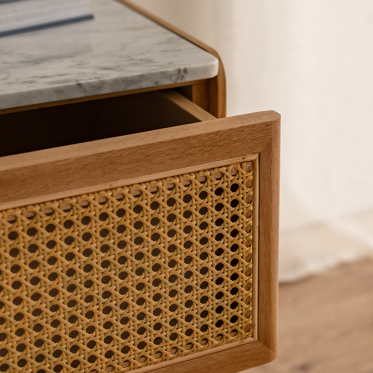 Delta Marble Rattan Bedside Table