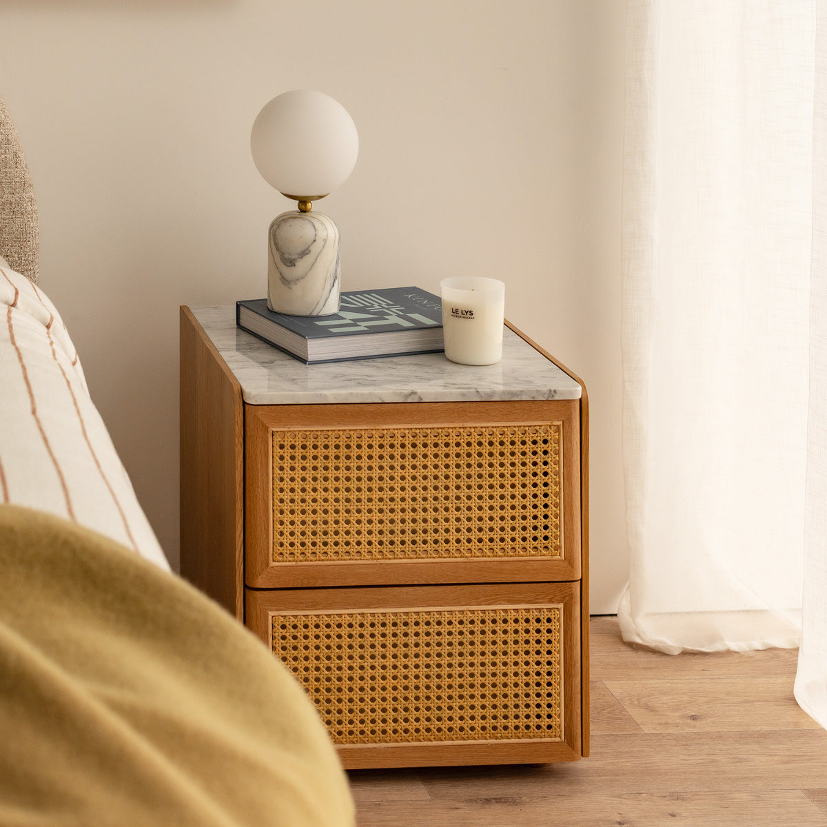 Delta Marble Rattan Bedside Table